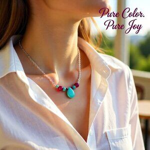 Aqua Howlite Cranberry Magenta Agate! Minimalist Bar Necklace - Perfect 4 Spring